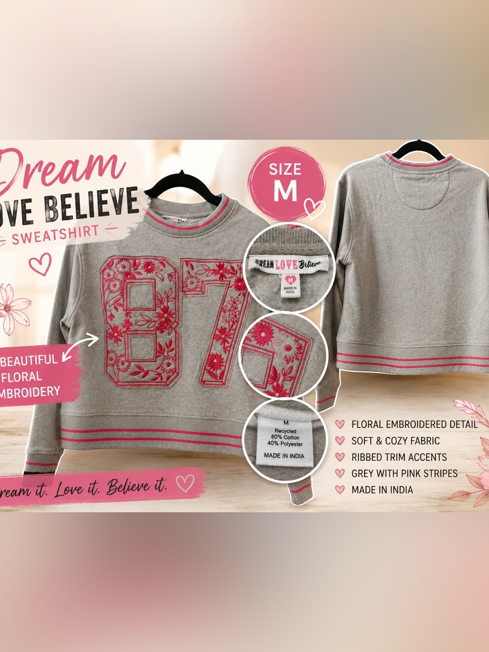Women’s Grey & Pink Floral Embroidered Sweatshirt